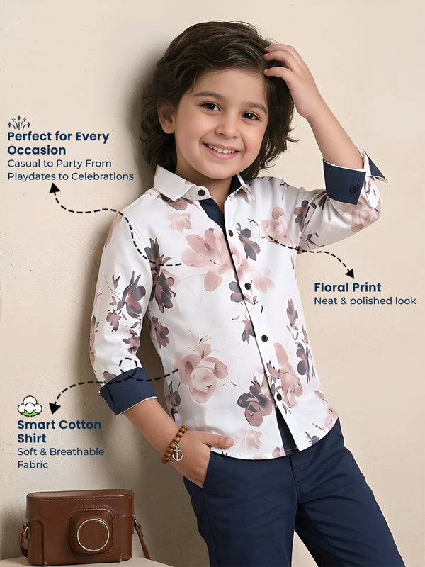 Polka Tots Full Sleeve Shirt Rust Blue Floral Print - White