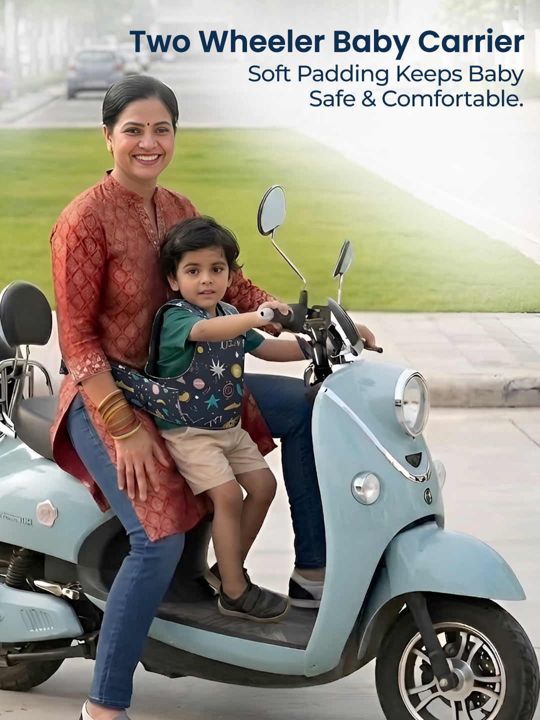 Woman and child using a two-wheeler baby carrier on a scooter with text about safety and comfort.