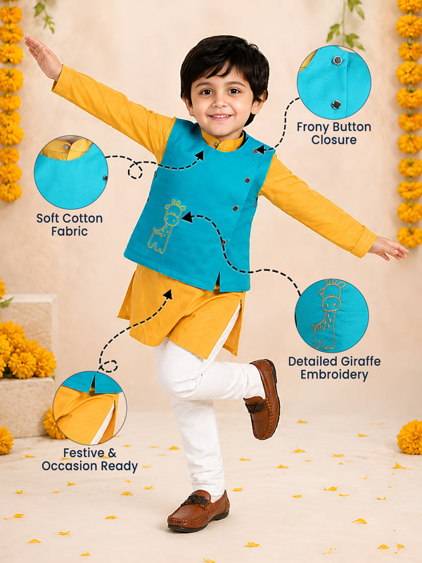 Polka Tots Full sleeves Giraffe Embroidery Koti Kurta Pyjama - Yellow