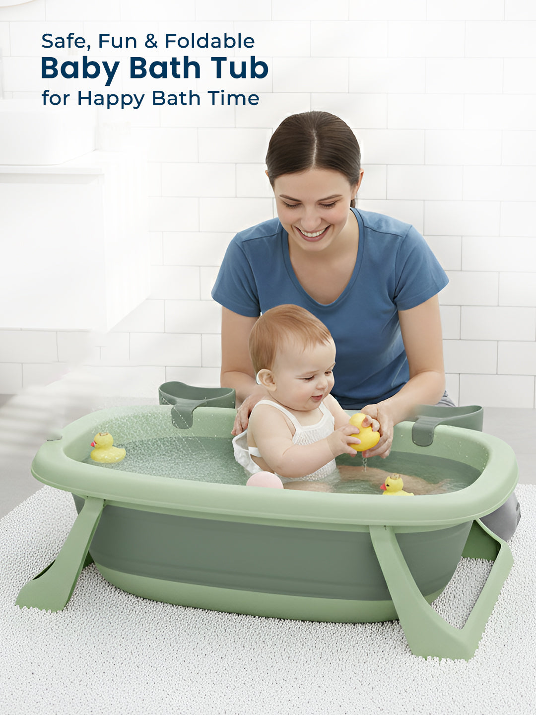 Woman and baby using a green baby bath tub with text about safety and fun.