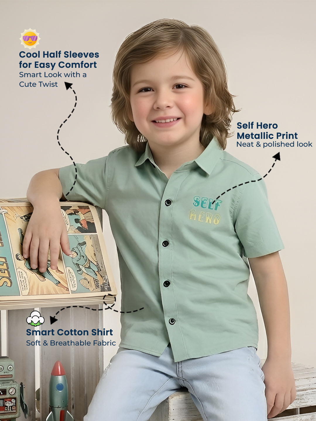 Polka Tots Cotton Regular Fit Half Sleeve Self Hero Metallic Print Shirt - Sea Green