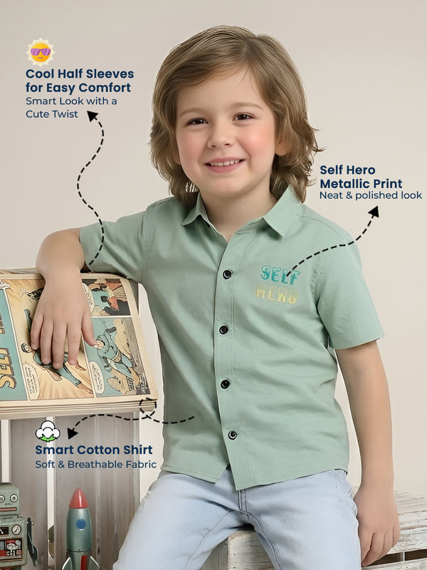 Polka Tots Cotton Regular Fit Half Sleeve Self Hero Metallic Print Shirt - Sea Green