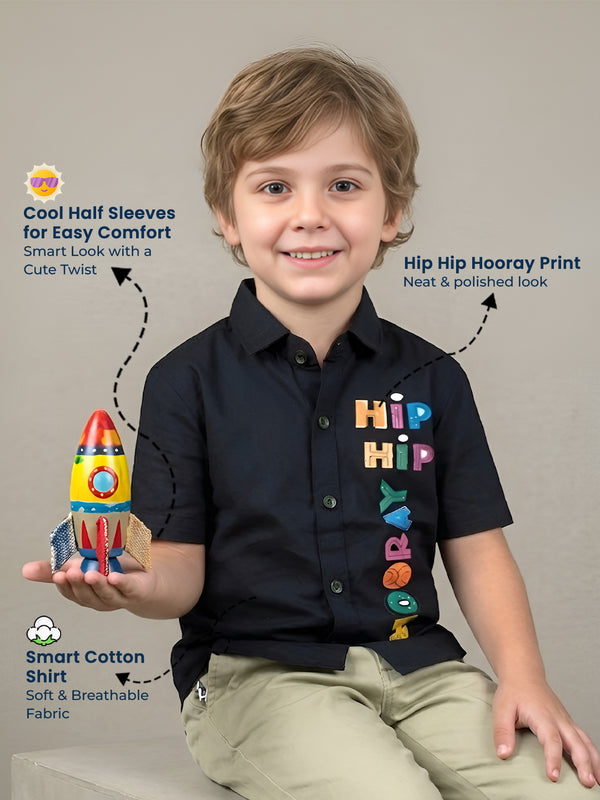 Polka Tots Half Sleeve Hip Hip Hooray Print Shirt - Black