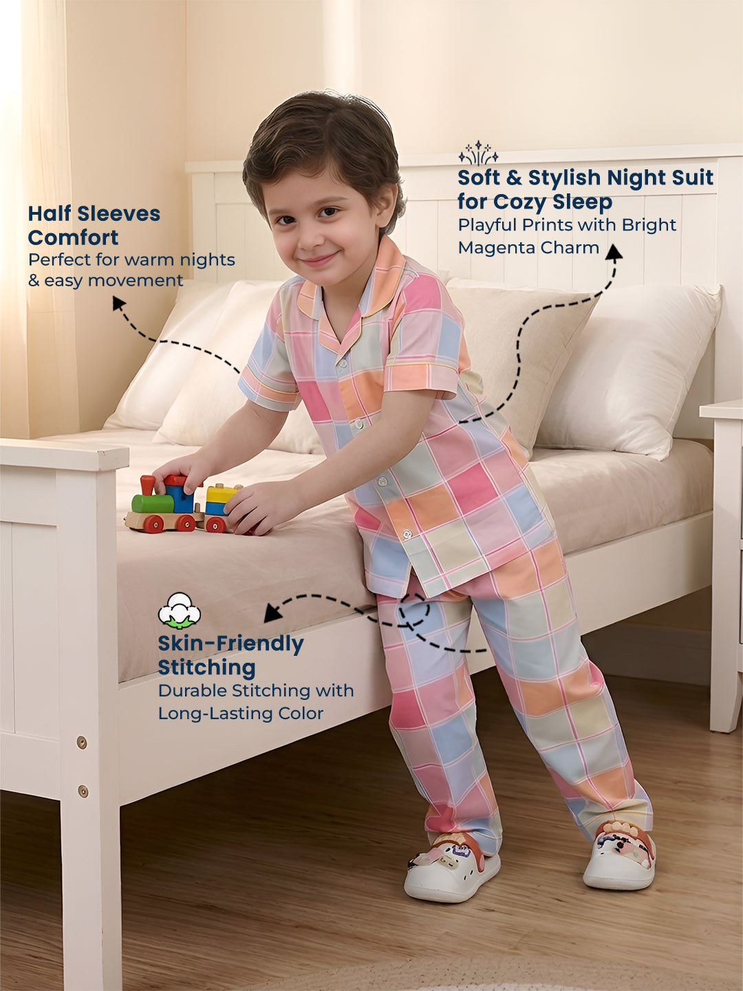 Polka Tots Half sleeves Box print Night Suit - Multicolor