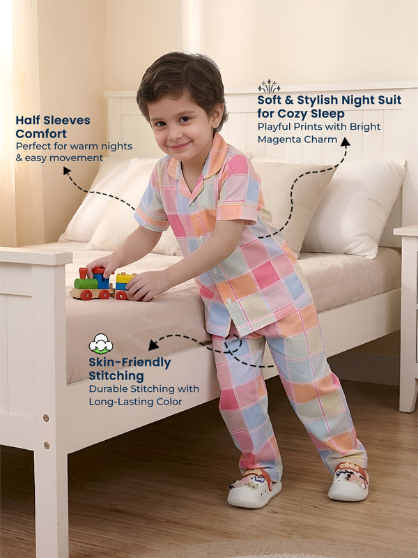 Polka Tots Half sleeves Box print Night Suit - Multicolor