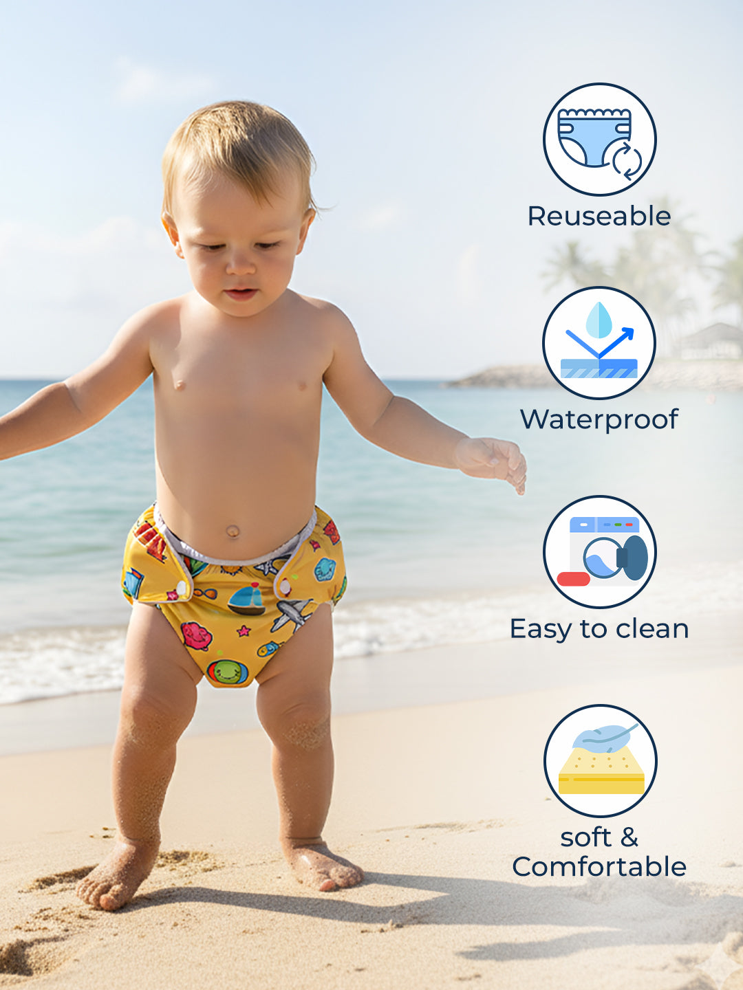 Child wearing a colorful swim diaper on a beach with icons indicating reuse, water resistance, ease of cleaning, and comfort.