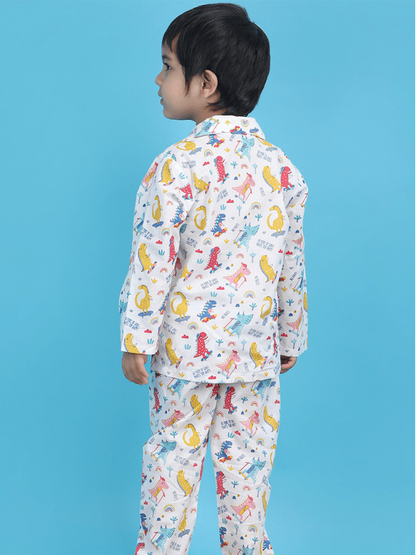 Polka Tots Full sleeves Dinosaur print Night Suit - White