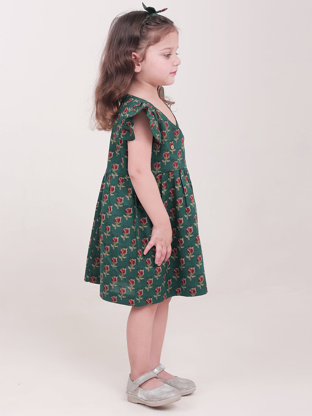 Polka Tots Half sleeve Floral print Frock with Headband - Dark Green