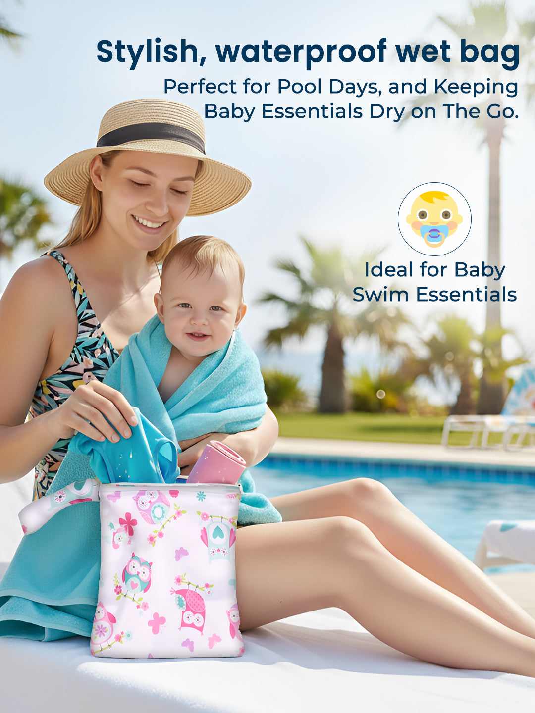 Woman holding a baby and a colorful wet bag by a pool, with text about the product's use.