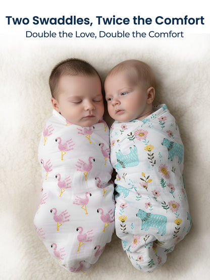 Two babies swaddled in patterned swaddles with text 'Two Swaddles, Twice the Comfort' above them.
