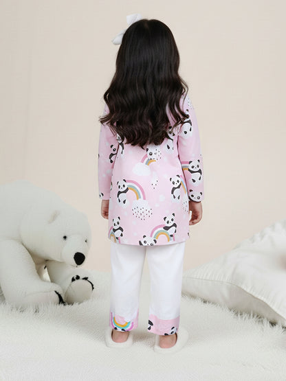 Polka Tots Panda Rainbow Print Full sleeves Nightwear Kurta pyjama set - Pink
