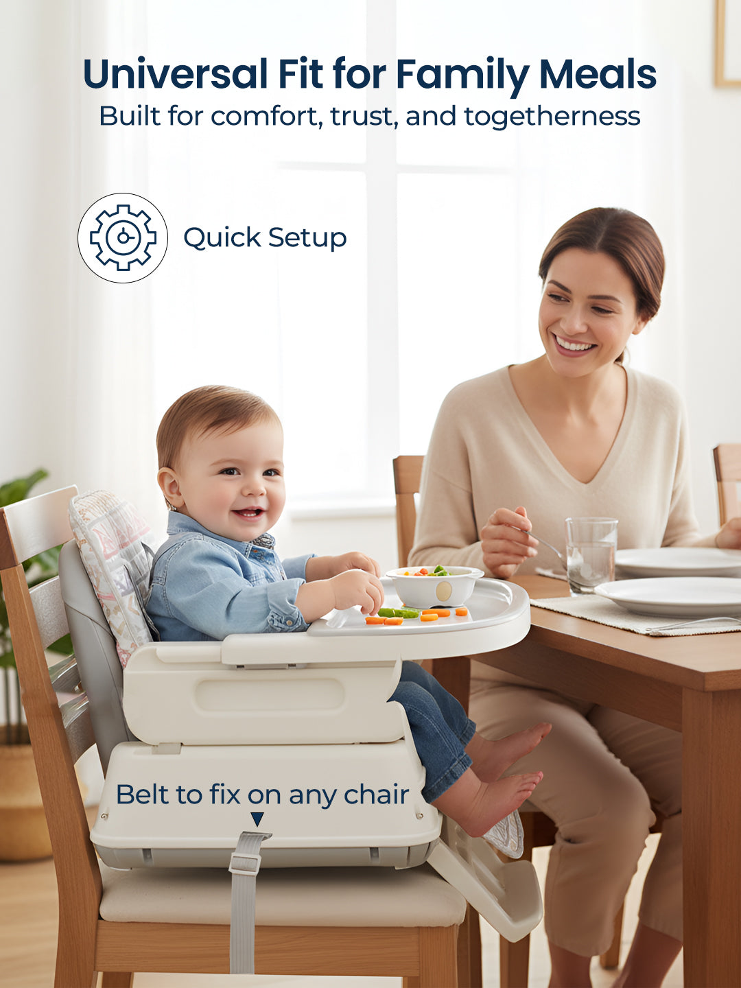 Baby in a high chair at a dining table with a woman, promoting a product for family meals.