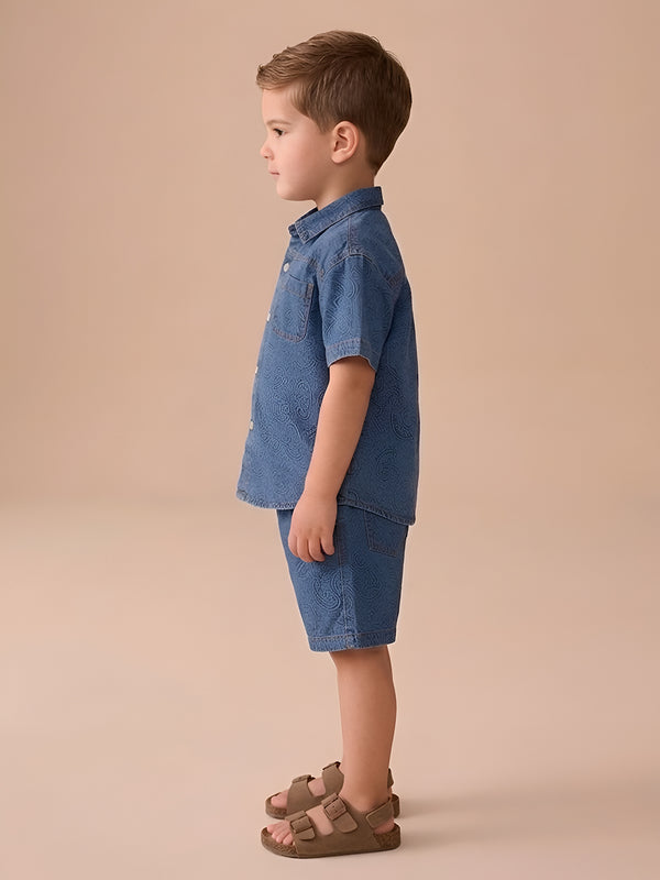 Polka Tots Half Sleeves Alphabet Print Denim co-ord set - Blue