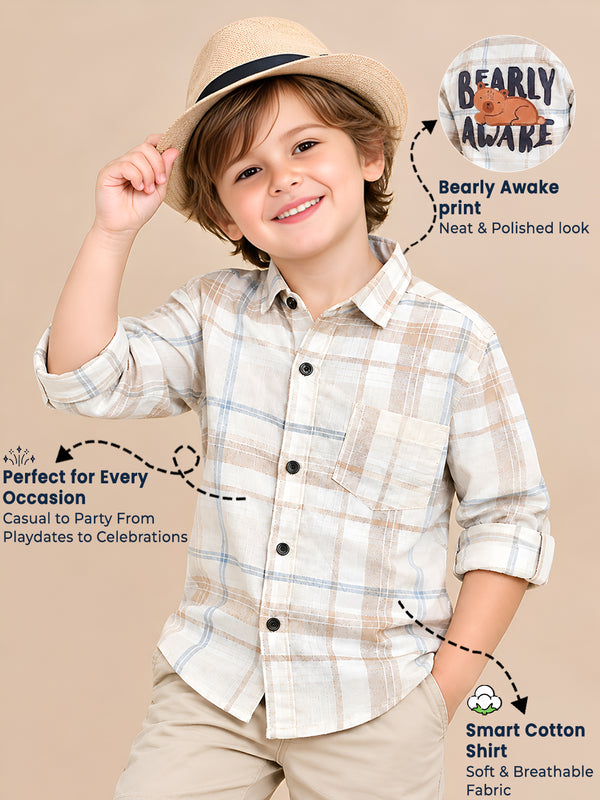 Polka Tots Full Sleeves Bearly Awake print Kids Shirt - Beige