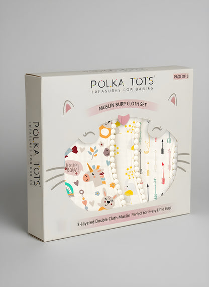 Polka Tots Newborn Pack of 3 100% Soft Muslin Cotton Double Layer Burp Cloths with Pom-Pom Lace
