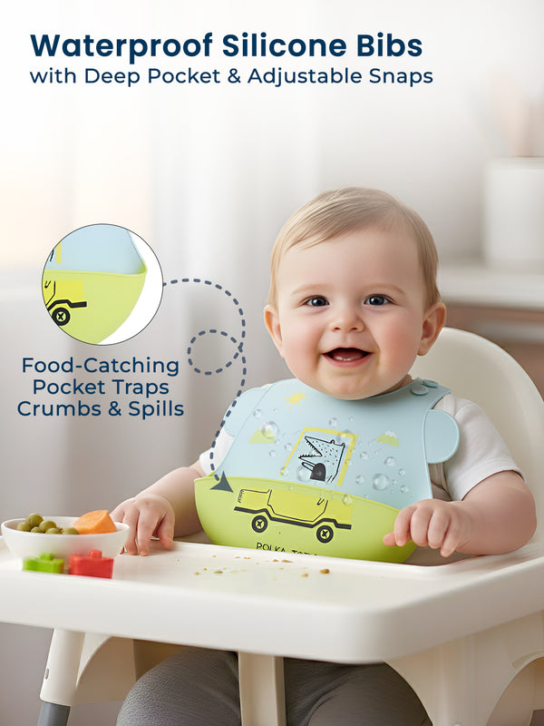 Polka Tots Waterproof Silicone Bibs with Pocket and Adjustable Snaps (Green Car)
