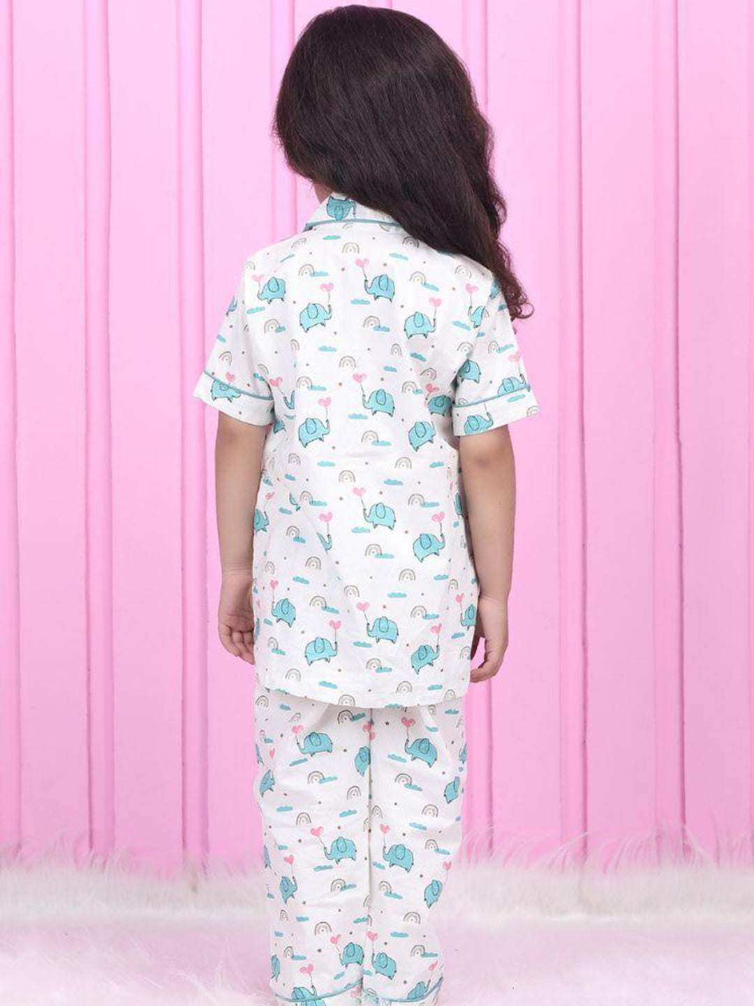 Polka Tots Half Sleeve Elephant print Night Suit -  White