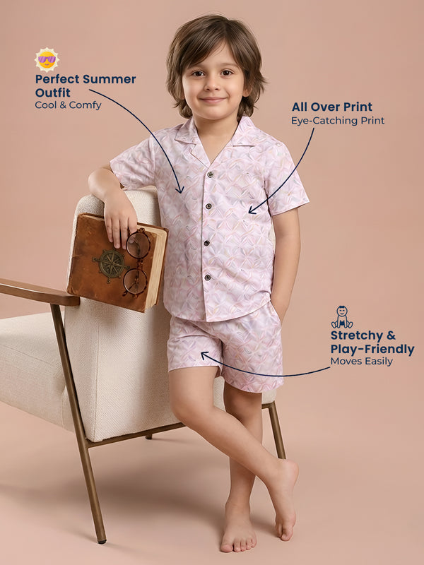 Polka Tots Cotton Half Sleeves Shirt With Shorts, Co-ord Set All Over Print - Light Pink