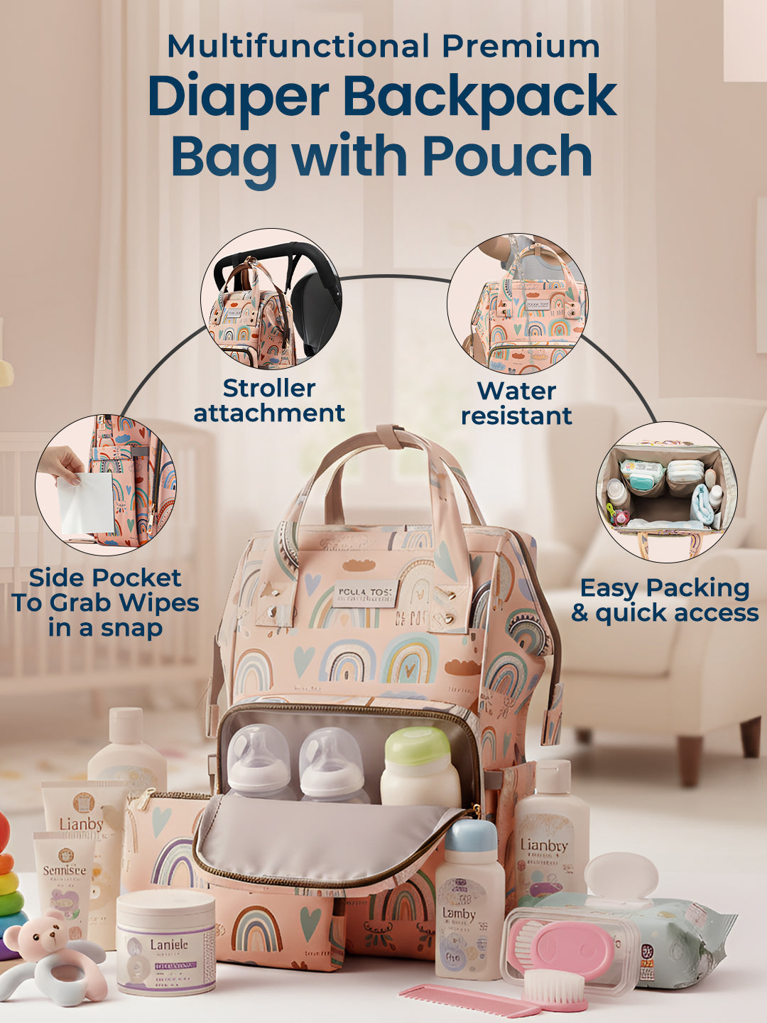 Multifunctional premium diaper backpack bag with pouch featuring stroller attachment, water resistance, side pocket, and easy packing features.