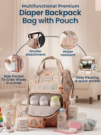 Multifunctional premium diaper backpack bag with pouch featuring stroller attachment, water resistance, side pocket, and easy packing features.