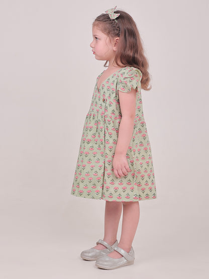 Polka Tots Half sleeve Floral print Frock with Headband - Green