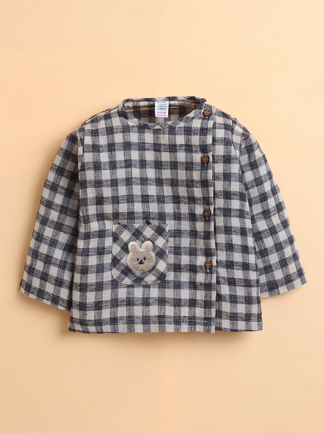 Polka Tots Soft Cotton Full-Sleeves Teddy Pocket Gingham Jhabla & Pant Set - Black