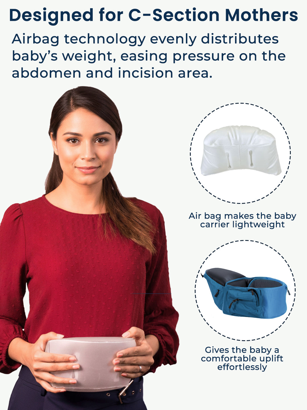 Woman holding a baby with text about airbag technology for C-section mothers