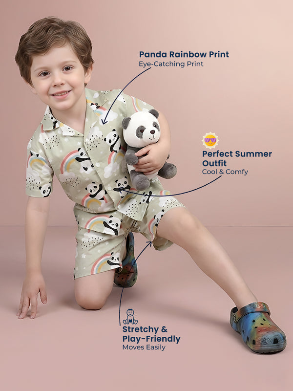 Polka Tots Half Sleeves Panda Rainbow Print Co-ord Shorts - Green
