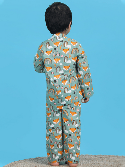 Polka Tots Full sleeves Fox print Night Suit - Green