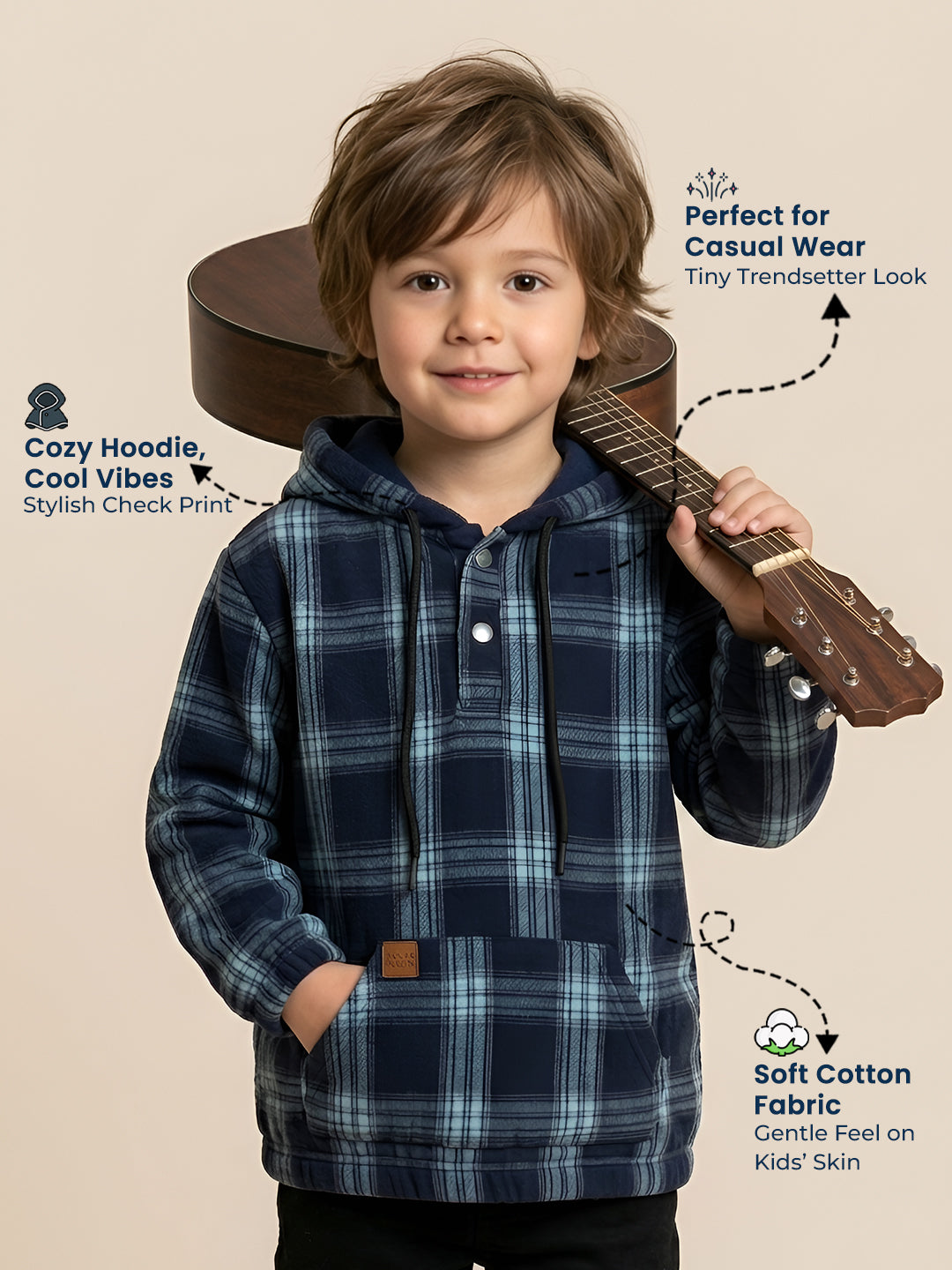 Polka Tots Kids Full Sleeves Checked Hoodie Shirt - Black