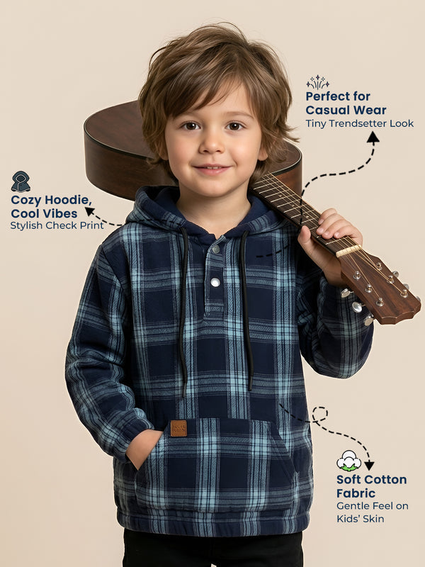 Polka Tots Kids Full Sleeves Checked Hoodie Shirt - Black