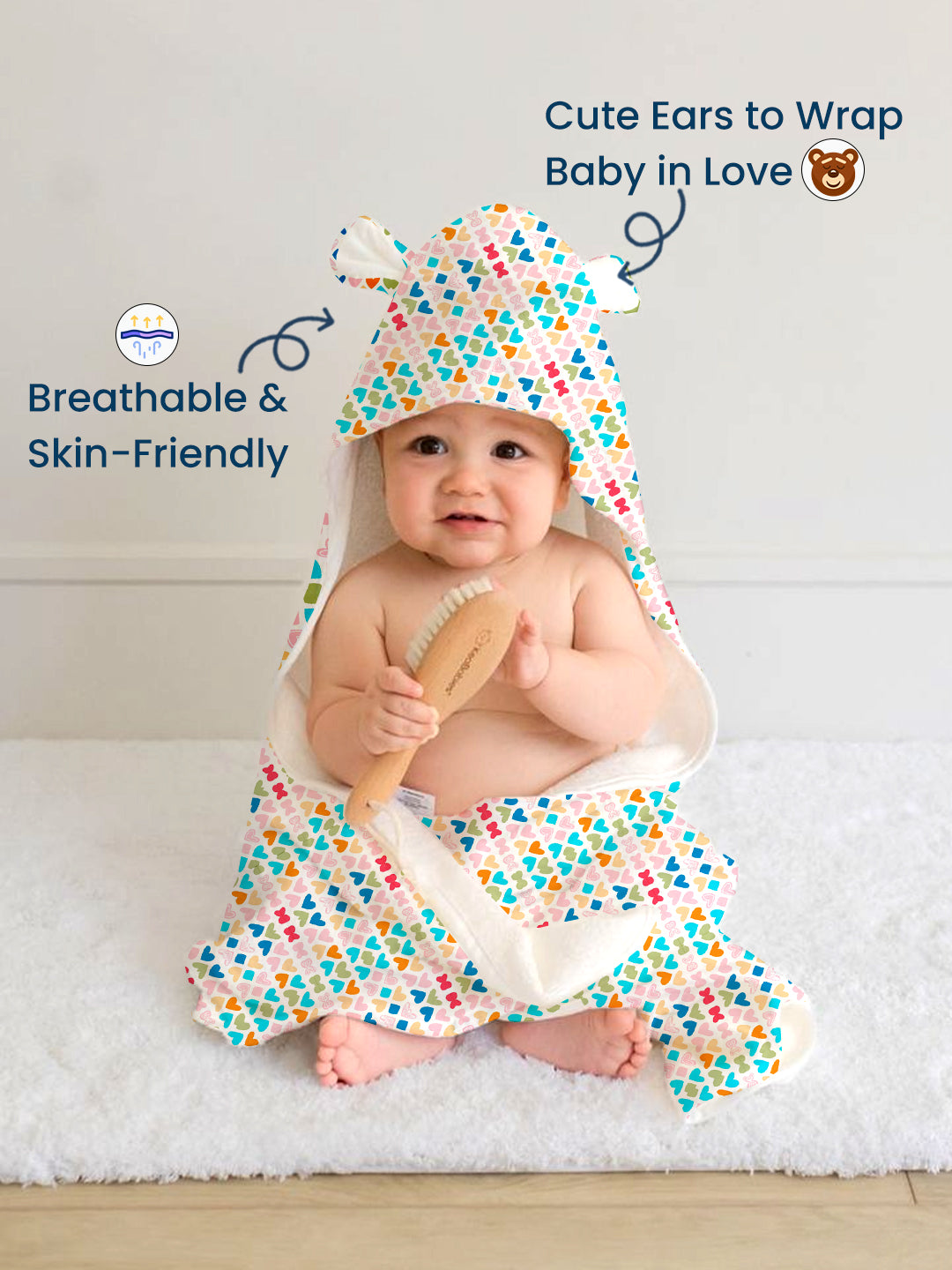 Polka Tots 100% Soft Muslin Cotton 2-Layer Hooded Baby Towel with Ear Appliqué - Mini Hearts Print