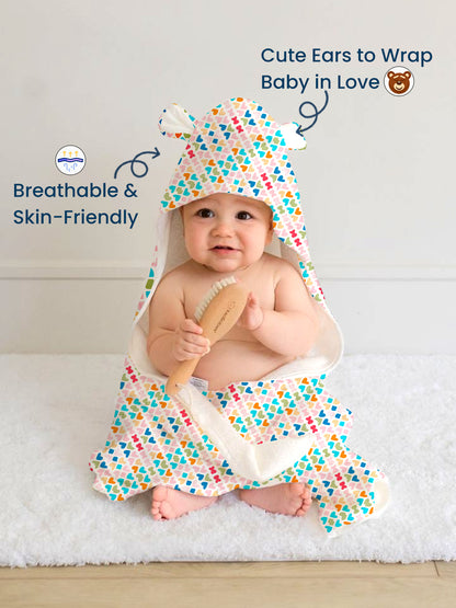 Polka Tots 100% Soft Muslin Cotton 2-Layer Hooded Baby Towel with Ear Appliqué - Mini Hearts Print