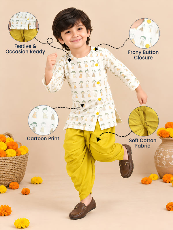 Polka Tots Cotton Full Sleeve Cartoon Print Angrakha Top With Dhoti - Yellow