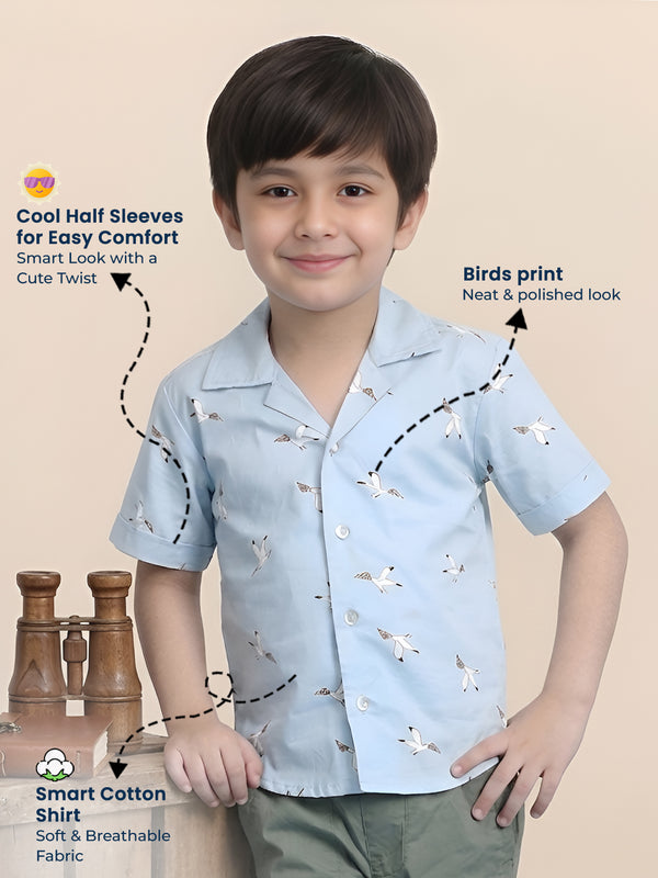 Polka Tots Half Sleeves Birds print Kids Shirt - Blue