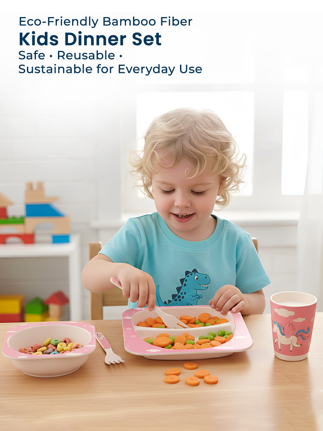 Eco Friendly 5 Pieces Bamboo Fiber Kids Dinner Set (Unicorn)