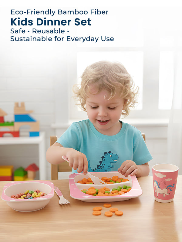 Eco Friendly 5 Pieces Bamboo Fiber Kids Dinner Set (Unicorn)