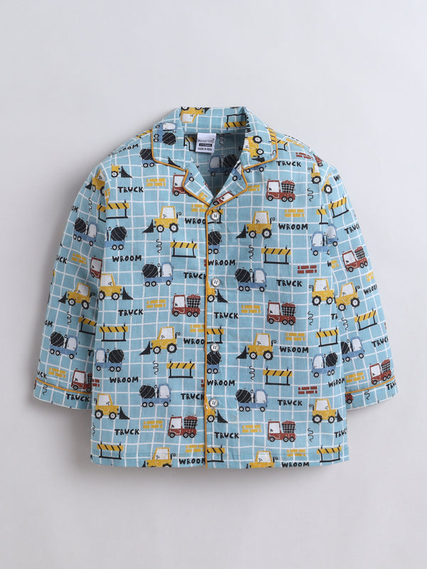 Polka Tots Full Sleeve Truck Print Night Suit- Blue