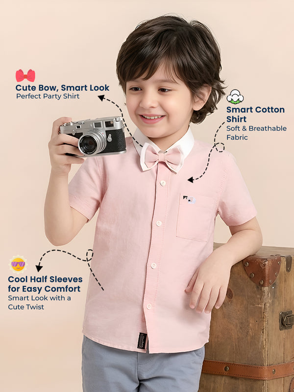 Polka Tots Half Sleeves Plain Shirt With Dual Bow Tie - Pink