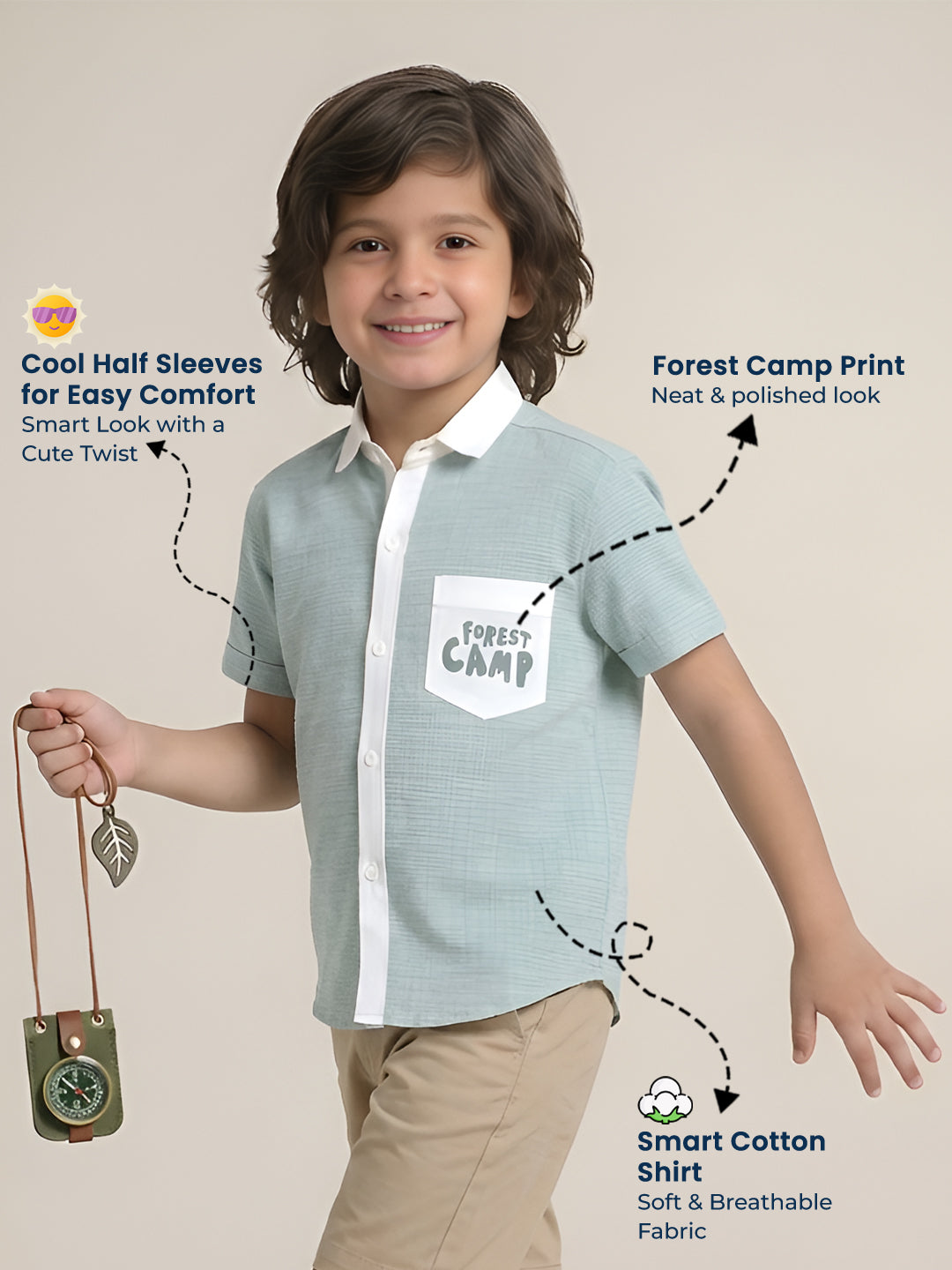 Polka Tots Half Sleeves Forest camp print Shirt - Green
