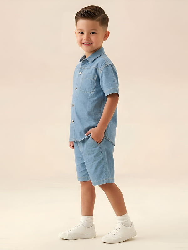 Polka Tots Half Sleeves Textured Denim co-ord set - Light Blue