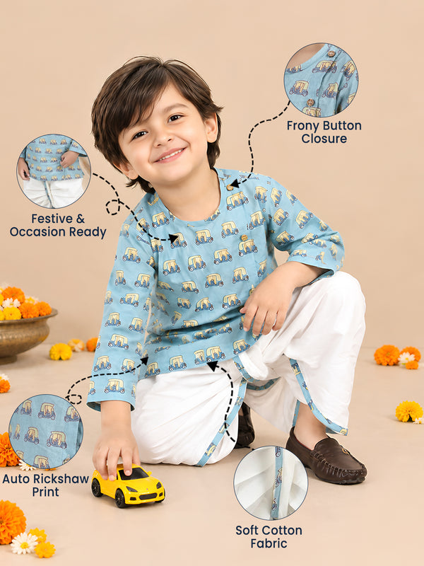 Polka Tots Cotton Full Sleeve Auto Rickshaw Angrakha Top With Dhoti - Blue