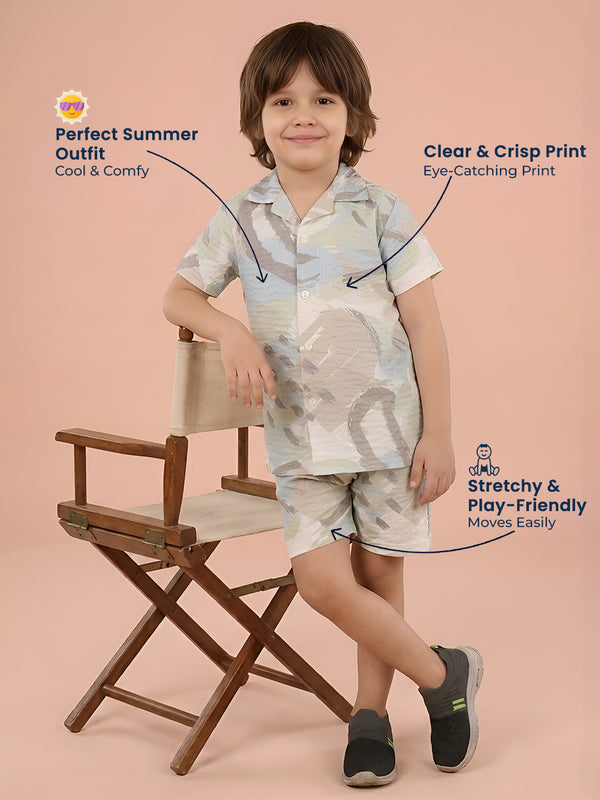 Polka Tots Cotton Half Sleeves Shirt With Shorts/Co-ord - White