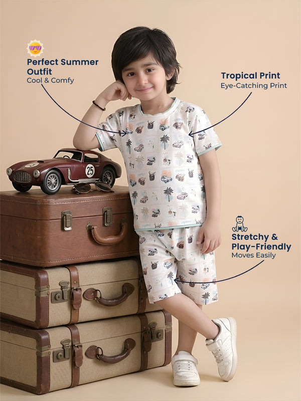 Polka Tots Half Sleeves Tropical Print T-Shirt Shorts - White
