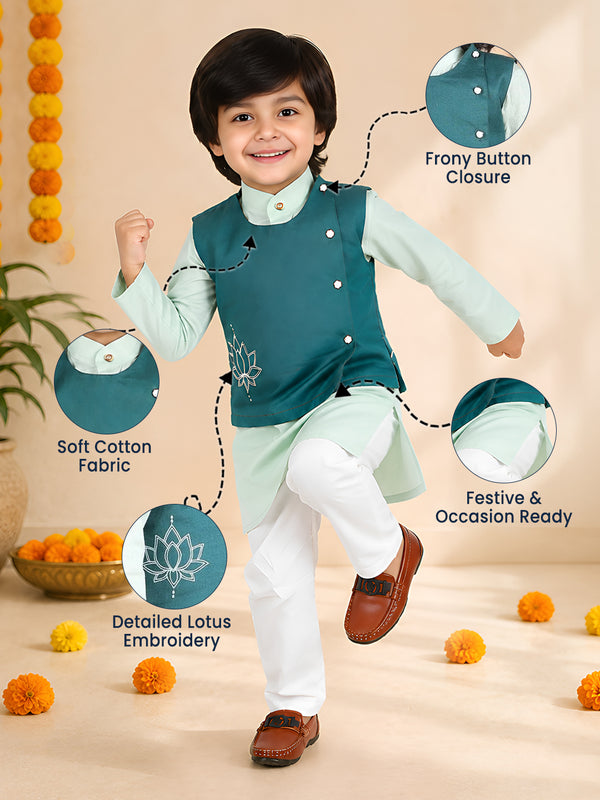 Polka Tots Full sleeves Lotus Embroidery Koti Kurta Pyjama - Green
