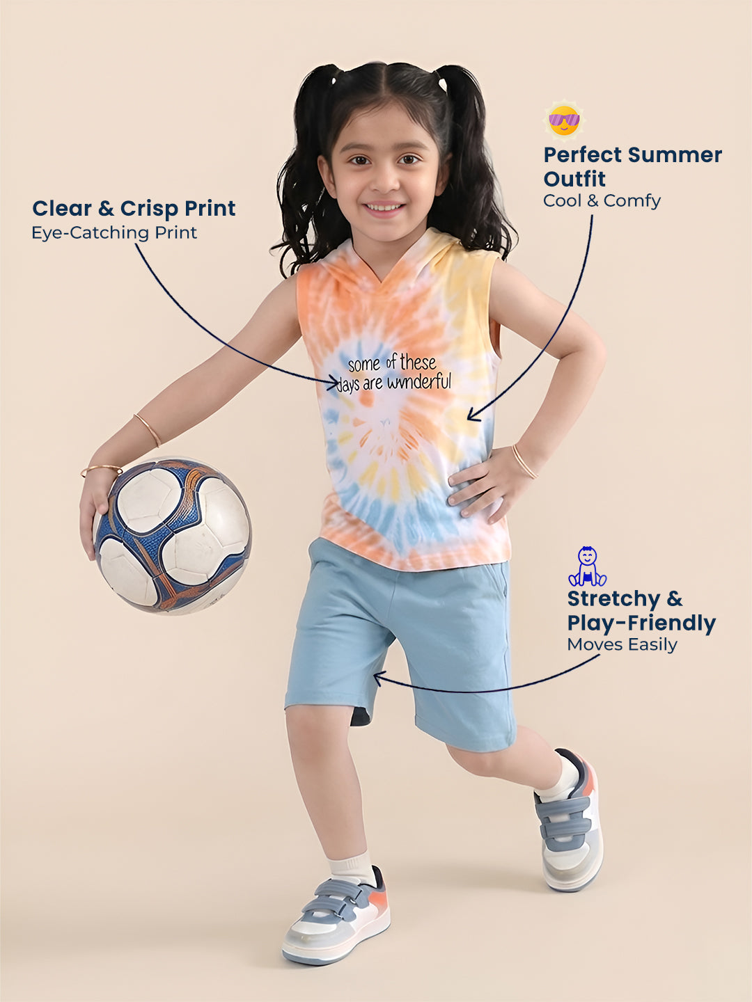 Polka Tots Sleeveless Tie dye print T-Shirt Shorts with attached Hoodie - Multicolor