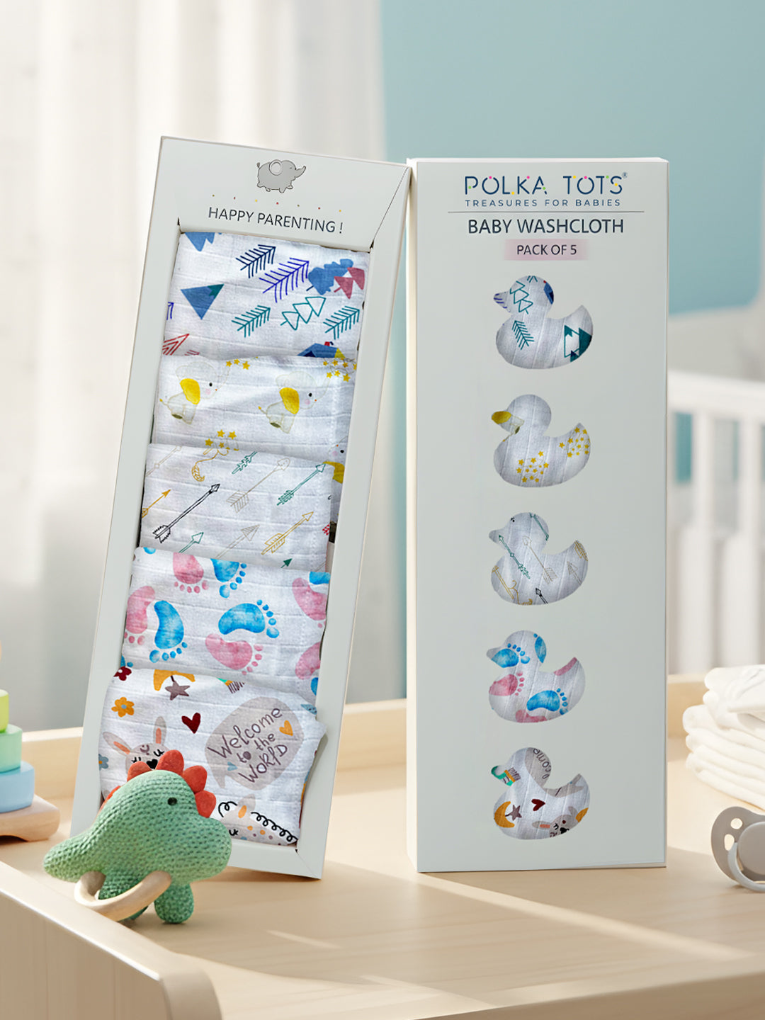 Polka Tots baby washcloth packaging with various designs on a neutral background