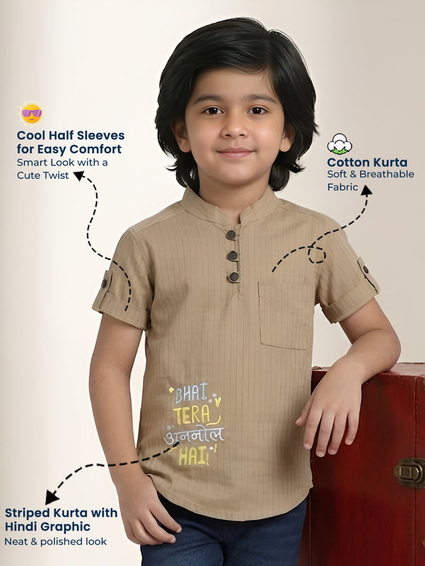 Polka Tots Half Sleeve Striped Kurta with Hindi Graphic - Tan