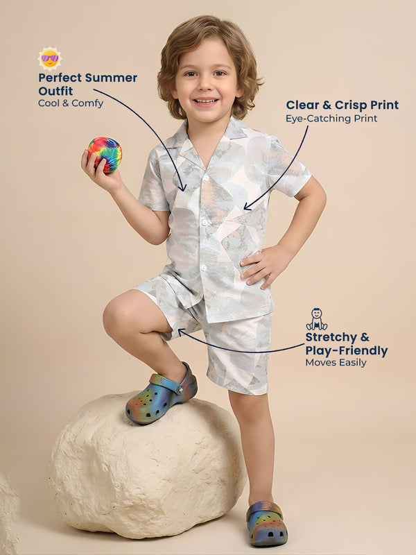 Polka Tots Cotton Half Sleeves Shirt With Shorts/Co-ord - White