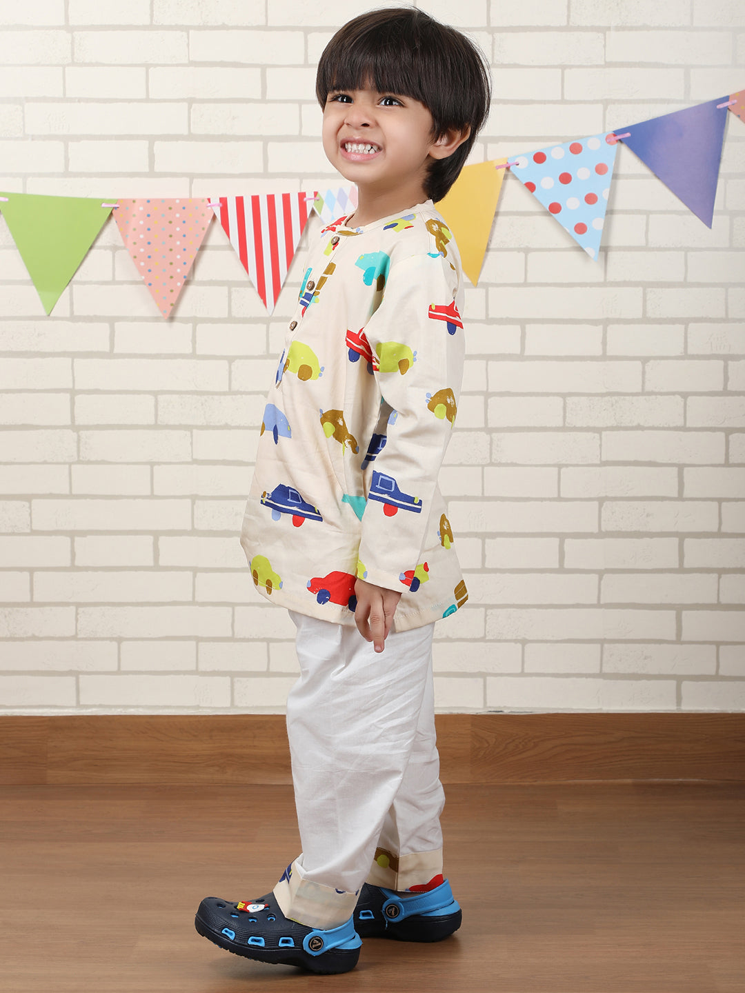 Polka Tots Vehicles print Full sleeves Nightwear Kurta pyjama set - Yellow